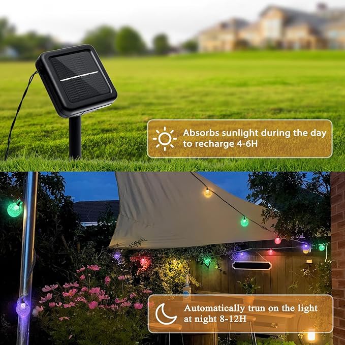 Outdoor Solar String Lights, 46FT 66LED 8Modes Crystal Color Solar Powered Christmas Fairy String Lights for Outside Yard Fence Easter Holiday Party Camping Porch Balcony Decor(Multicolor)