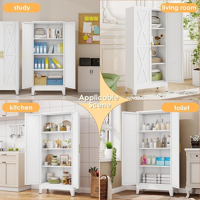61" H Metal Kitchen Pantry Storage Cabinet, Freestanding Cupboard with 2 Doors and 3 Adjustable Shelves, Standing Storage for Kitchen, Bathroom, Garage, Dinning Room or Utility Room(White)
