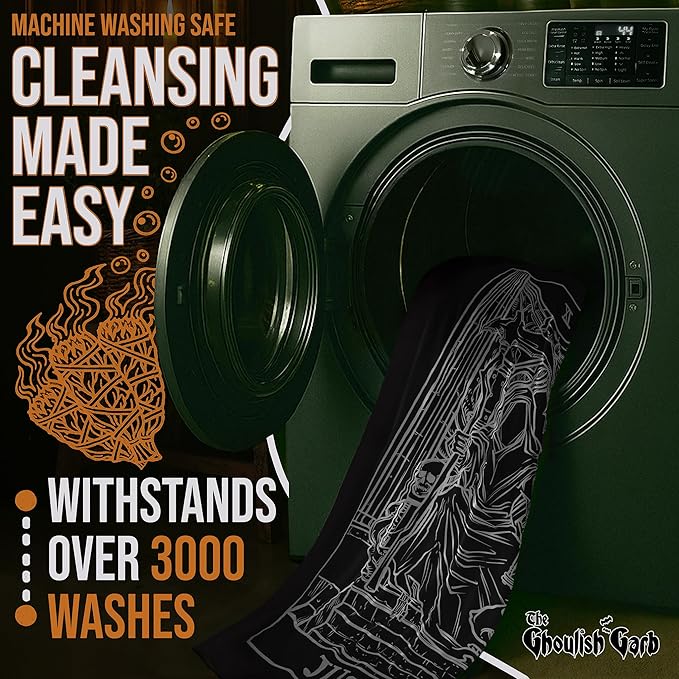 The Ghoulish Garb Justice Tarot Card Tapestry (Black & White) - Grim Reaper - Gothic Halloween Home Decor Wall Hanging (80" x 68")