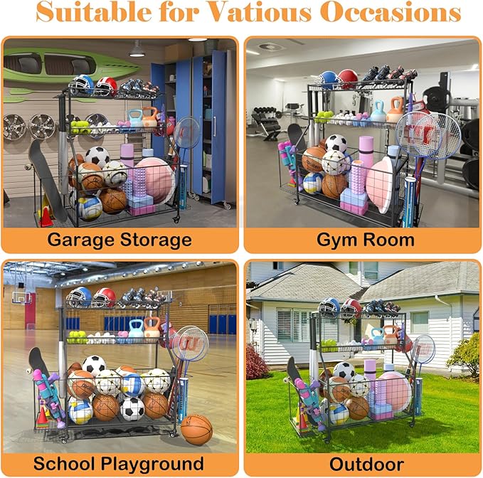 Sports Equipment Organizer, Garage Ball Storage Racks - Outdoor Toy Storage with 2 Side Racks & Removable Baskets, Heavy-Duty Garage Rolling Ball Cart with Wheels, Hooks for Toys, Sports Gear