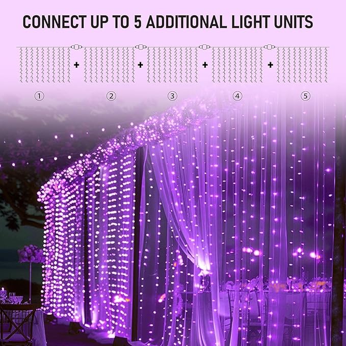 Dazzle Bright 300 LED Curtain String Lights, Halloween Fairy Lights for Bedroom with 8 Lighting Modes, Connectable Waterproof Window Light Party Wedding Garden Wall Decor, Purple