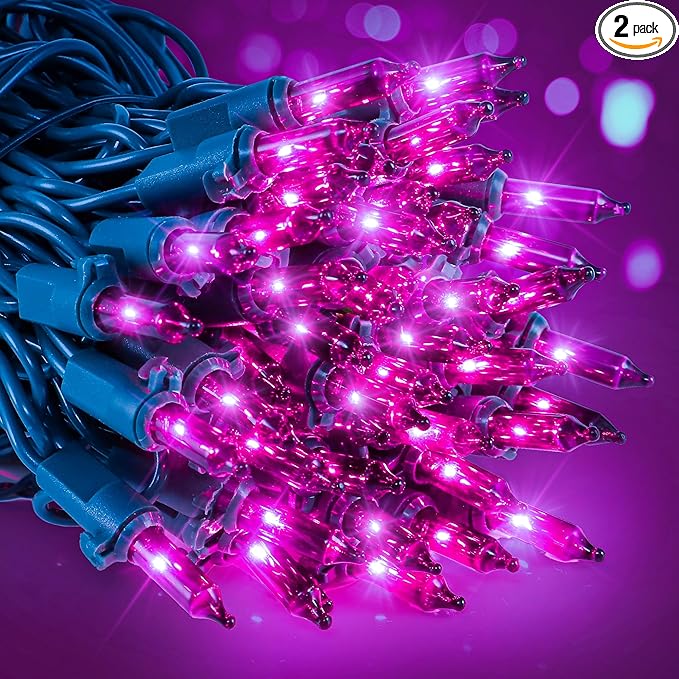 woohaha Outdoor Halloween Lights, 2PACK 13ft 50 Count Incandescent Blubs & Green Wire Mini Lights, 120V High-Voltage Connectable Light String, for Indoor Patio Garden Tree Party Decoration, Purple