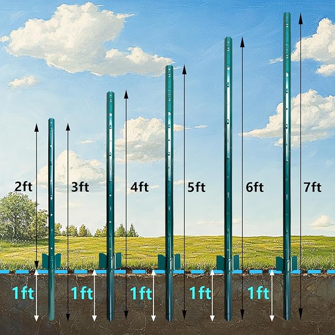 ARIFARO Fence Posts 5 Feet Sturdy Duty Metal Fencing Fencing Poles, Pack of 10, No Dig Garden T Post for Wire Fencing Steel Poles for Yard, Outdoor Wire