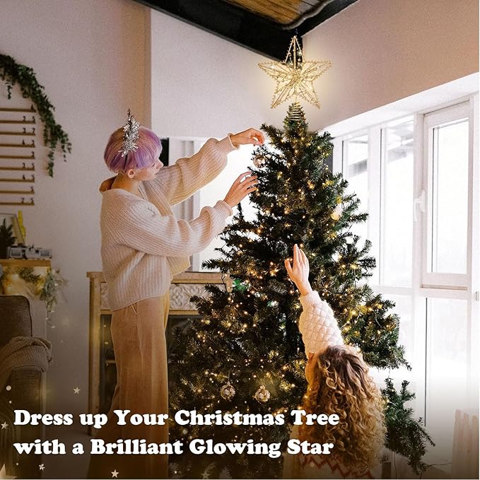 Christmas Tree Topper Star, Gold Star Tree Toppper with 50 Warm LED Lights Glittered Pearl Beads and 8 Lighting Modes Timer for Christmas Tree Decorations and Xmas Holiday Seasonal Decor