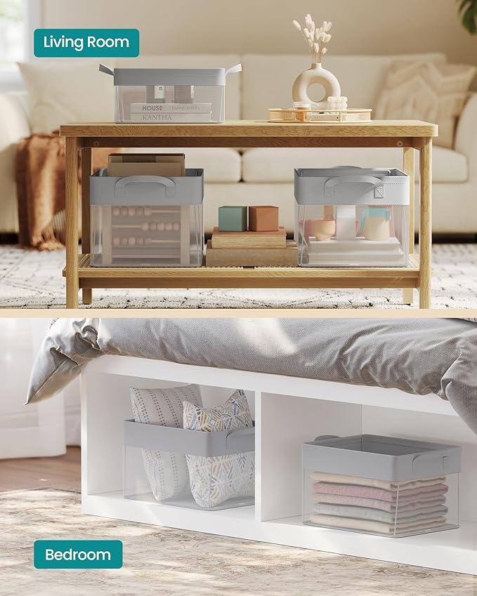 SONGMICS Storage Bins Set of 3, Medium Fabric Storage Baskets, Foldable Organizer with Transparent Nylon Mesh, 15.7 x 11.8 x 9.8 Inches, Handles, for Bedroom, Living Room, Dove Gray URFB940G01