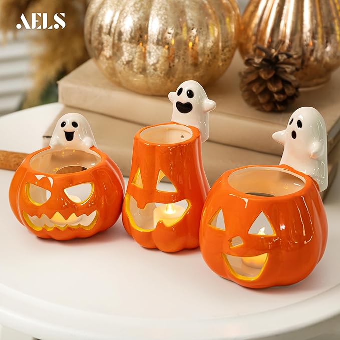 AELS Halloween Pumpkin Tealight Holders – Set of 3 Ceramic Jack O' Lantern Candle Holders with Ghosts, Spooky Sculptures Ghost Figurines, Indoor Tabletop Decorations for Holiday Party Home