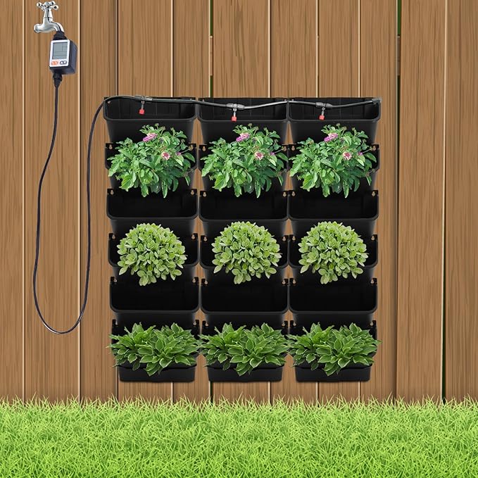 18 Pots Self-Watering Vertical Wall Planter, 39.4โL x 39.4โH Stackable Plastic Wall-Mounted Plant Grow Pots, Wall Hang Garden Planter Outdoor Indoor for Herbs Flowers Strawberries (Black)