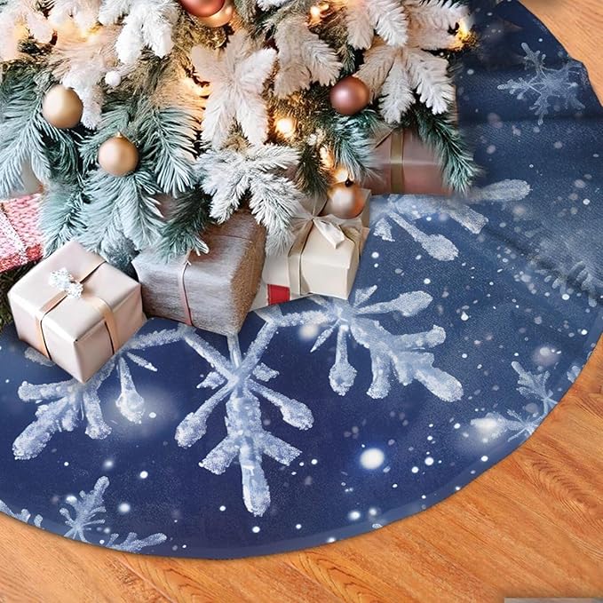 48" Blue Snowflakes Christmas Tree Skirt Large Tree Mat Base Cover for Xmas Festive Holiday Party Decoration Ornaments