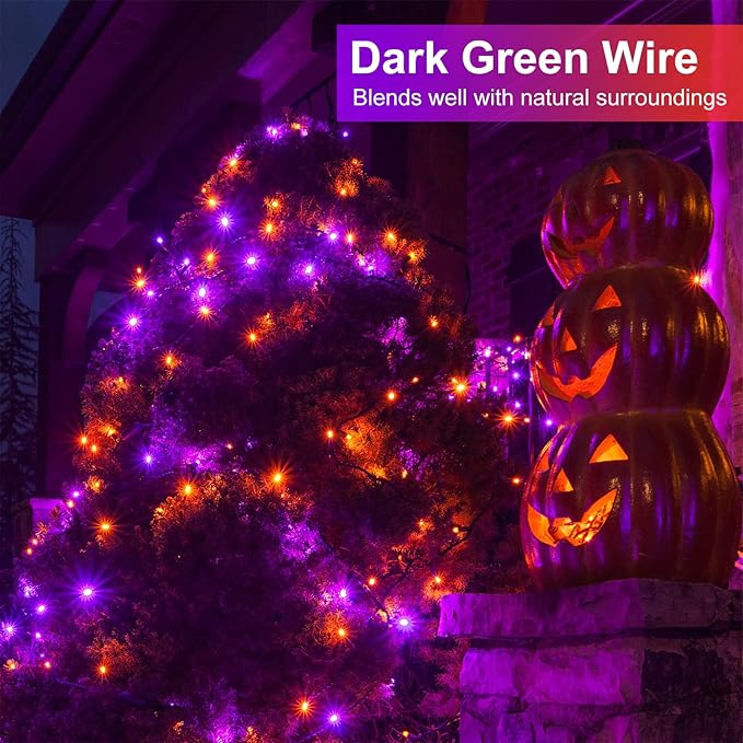 2 Pack Halloween Lights Outdoor, Total 200FT 600 LED Purple Orange String Lights for Outside with 8 Modes Waterproof, Plug in Halloween Decorations for Indoor House Patio Garden Party Holiday