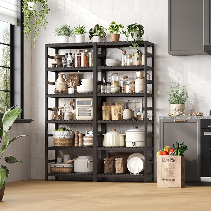 FOTOSOK 6-Tier Bamboo Shelf Set of 2, Bamboo Bookcase with Adjustable Shelves, Free Standing Storage Shelf Unit and Plant Flower Stand, Tall Large Bookshelf for Kitchen, Bathroom, Home Office, Vintage