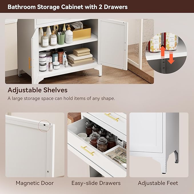 75” Tall Kitchen Pantry Storage Cabinet, Metal Bathroom Storage Cabinet with 2 Drawers and Adjustable Shelves, Kitchen Pantry Cupboard, Freestanding Cupboard for Bathroom, Living Room (White)