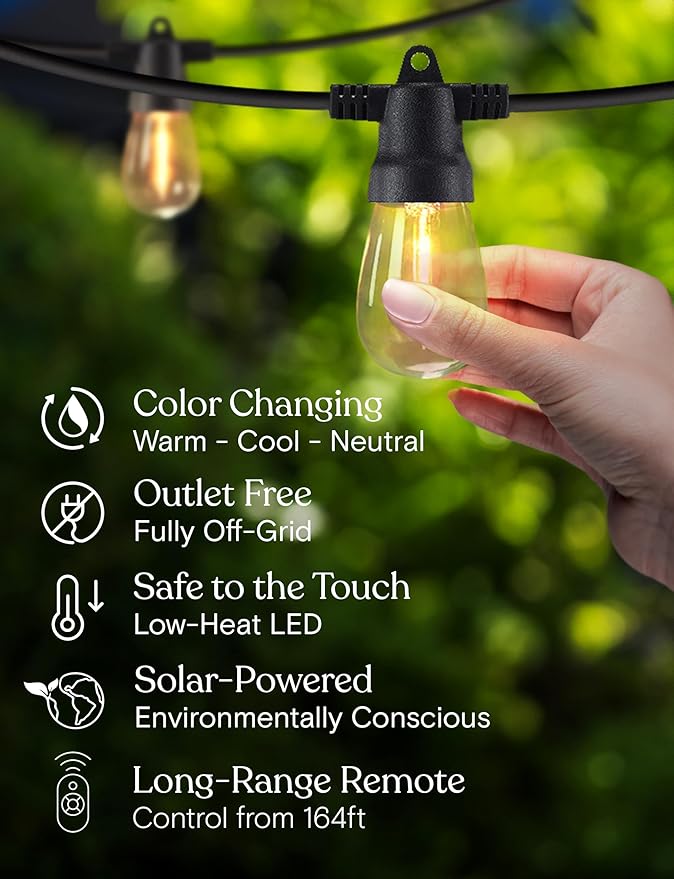 Brightech Ambience Pro Solar String Lights for Outside - Super Bright Remote Control Color Adjustable Outdoor String Light - Commercial Grade String, 15 Waterproof LED Bulbs for Patios, Camping - 48Ft