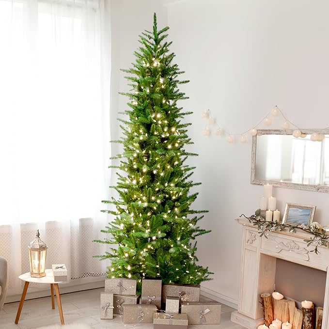 Fraser Hill Farm 9-Ft. Carmel Pine Slim Artificial Christmas Tree with White Incandescent Smart Lights and Stand, Prelit Foldable Fake Tree with Realistic Foliage for Home Decoration