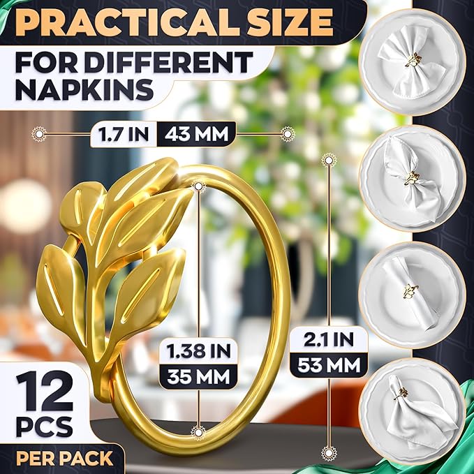 Gold Napkin Rings Set of 12 – Sturdy Metal Napkin Rings, Easy to Clean | Elegant Leaf Design for Table Settings, Holiday Table Decor, Wedding & Festive Dinners, Special Occasions, Grat for Gift Giving