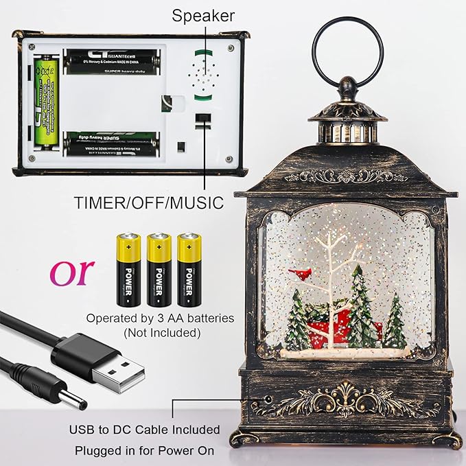 GenSwin Christmas Car Snow Globe Lantern Battery Operated Water Swirling Glitter with 6H Timer, Musical LED Lighted Scene for Christmas Home Decoration Gift