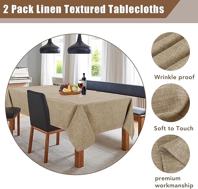 Fitable Faux Linen Table Clothes Rectangle 60 x 144 Inch - 2 Pack Khaki Tablecloths for 10 Foot Tables, Faux Burlap Kitchen Table Covers for Dining, Party, Farmhouse, Banquet, Buffet