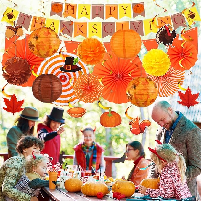 28 Pcs Fall Party Decoration Thanksgiving Party Supplies Include Happy Thanksgiving Banner Autumn Paper Lanterns Pom Pom Hanging Fans Bunting Garland Swirl Streamers for Fall Harvest Birthday