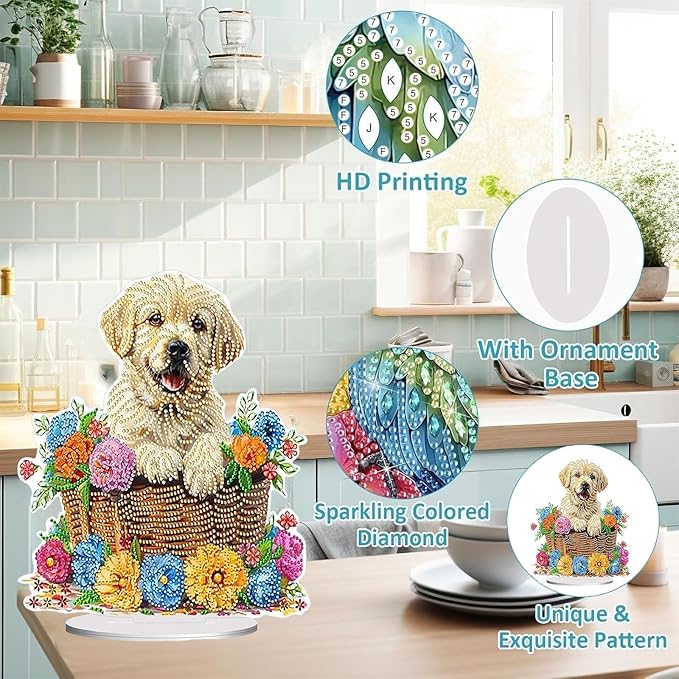 Diamond Painting Kits for Adults Beginners, 5D Full Drill Dog Crystal Art Desktop Ornament, DIY Single Sided Home Office Desk Decor, Creative Craft Gift Set with Tools