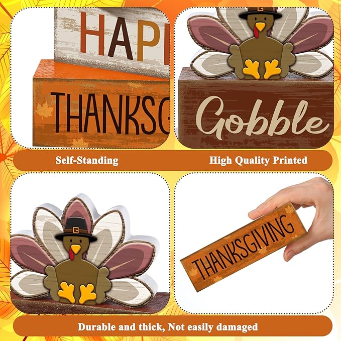 4 Pcs Fall Decorations for Home Thanksgiving Tiered Tray Decor Fall Table Decor Thanksgiving Centerpiece Rustic Wooden Turkey Block Sign for Autumn Harvest Party Table Kitchen Shelf