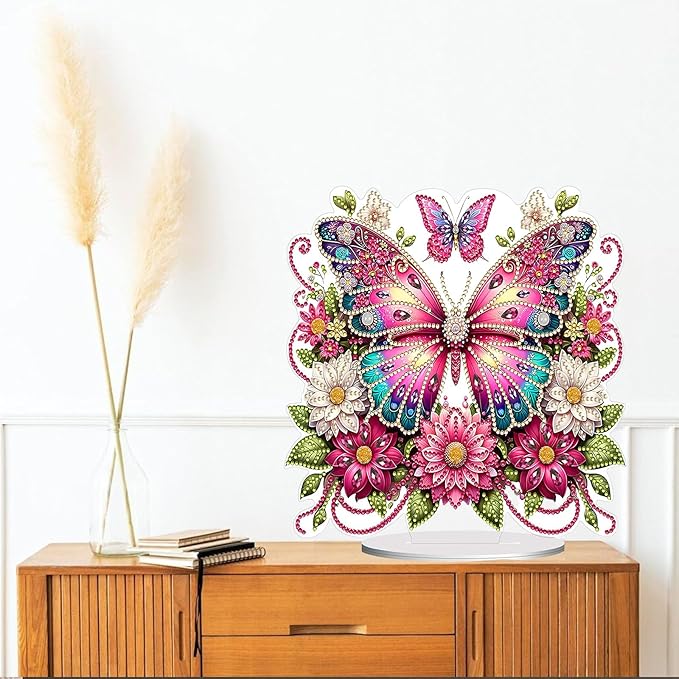 Diamond Painting Kits for Adults Beginners, 5D Full Drill Flowers and Butterfly Crystal Art Desktop Ornament, DIY Single Sided Home Office Desk Decor, Creative Craft Gift Set with Tools