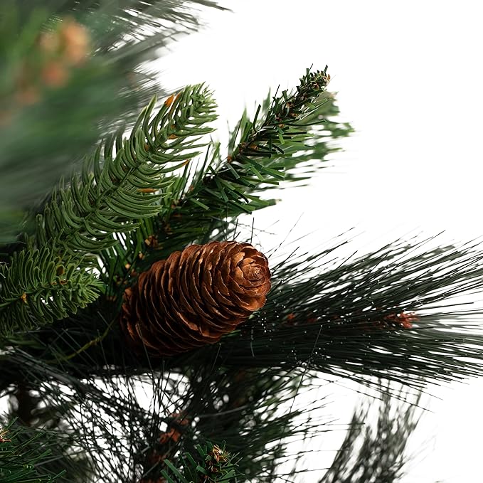 Papyrus 7 ft Pre-Lit Artificial Christmas Tree, Carolina Pine, Pine Cones, Warm White Lights, Includes Stand and Storage Bag