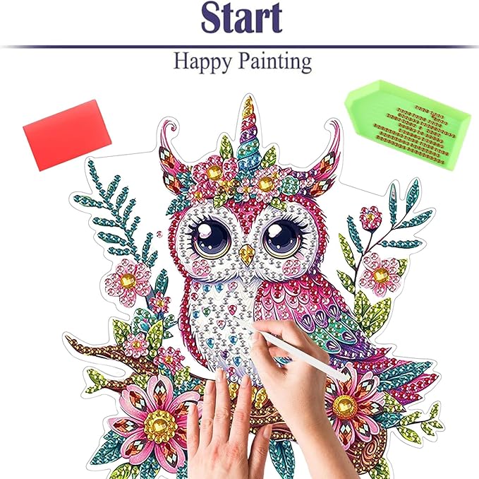 Diamond Painting Kits for Adults Beginners, 5D Full Drill Owl Crystal Art Desktop Ornament, DIY Single Sided Home Office Desk Decor, Creative Craft Gift Set with Tools