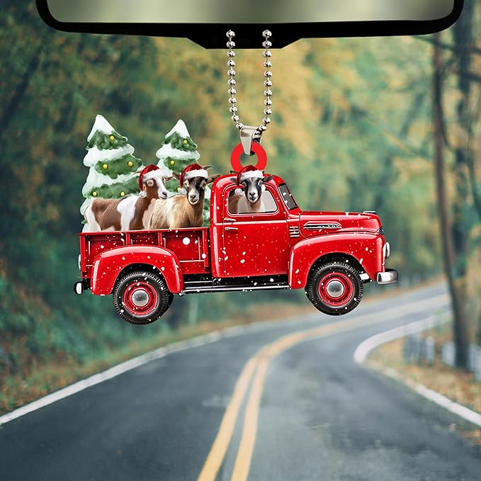 Talataca Goat Red Christmas Truck Pine Tree Farm Animal Lover 2D Flat Car Rear View Mirror Accessories Christmas Tree Ornament Decoration Hanging Charm Interior Rearview Pendant Decor Gift