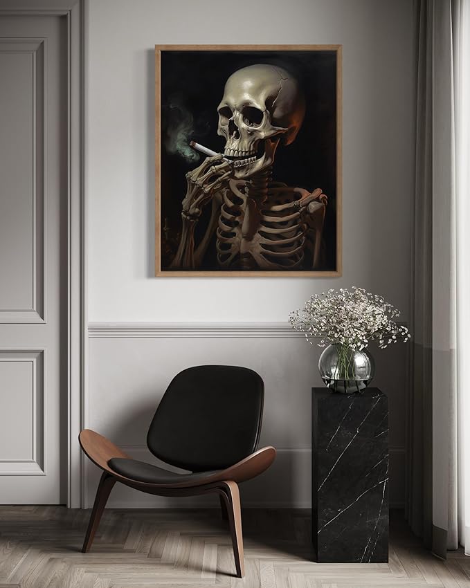Skull Smoking Ciggarettes Poster Art Print, Halloween Scary Vintage Wall Art Academia Spooky Painting Decoration for Horror Prints, Gothic Posters Bedroom Decor 89 (Skull Smoking Ciggarettes, 16 x 20 inches, Wood Frame)