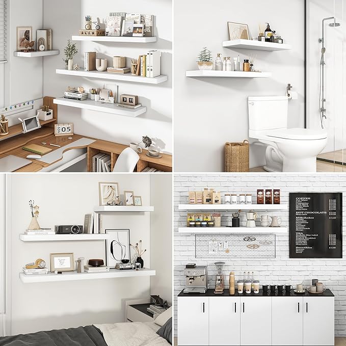 RICHFOCUS 72Inch Floating Shelves for Wall 2 Pack Shelves for Bedroom|Kitchen|Bathroom Wall Mounted Rustic Wood Floating Shelf with Invisible Brackets for Books|Storage|Decor, White