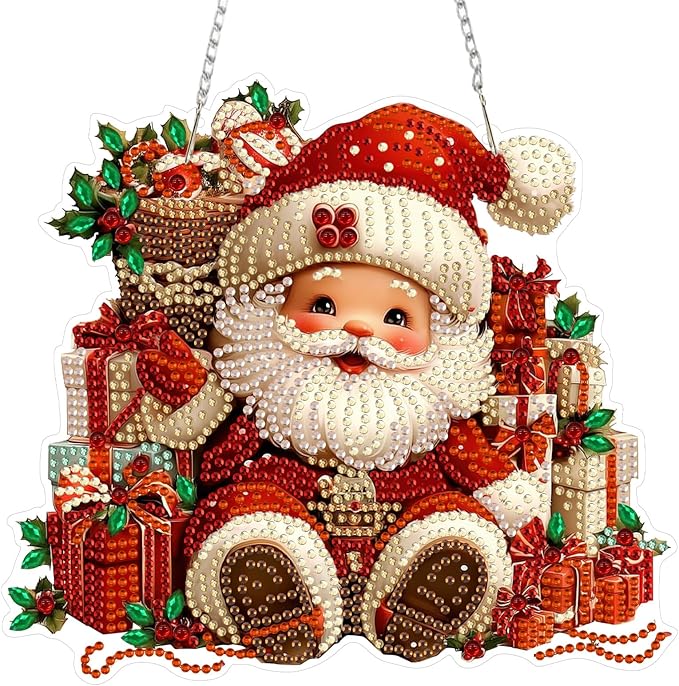 MEIYUDA Christmas Diamond Art Hanging Kits for Adult, Santa Claus Diamond Painting Hanging Kits Ornaments, DIY Special Shaped Rhinestone Window Pendants kit for Home Garden Wall Decor Gift