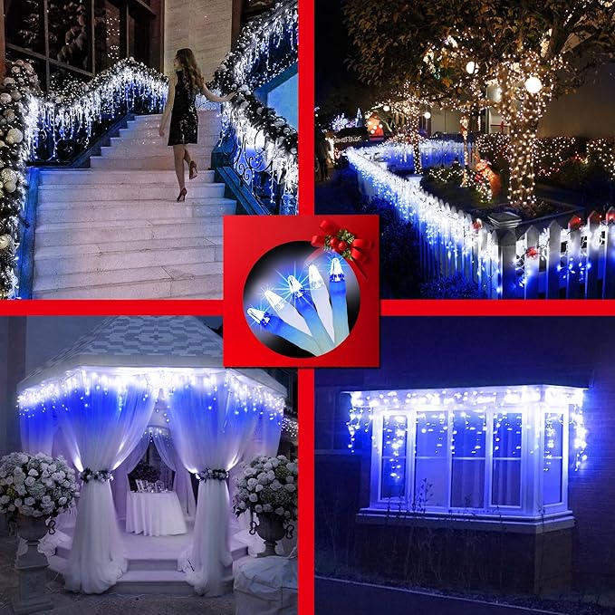 792 LED Christmas Outdoor Lights with 176 Drops, 82ft Hanging Curtain Lights 8 Modes, Christmas Fairy Lighs with Timer & Memory for House Roof Holiday Wedding Christmas Decor Blue & Cool White