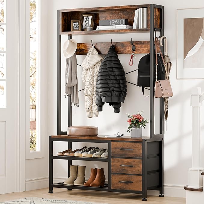 Lulive Hall Tree with Bench and Shoe Storage, 31.5" Coat Rack Freestanding with 2-Tier Storage Shelf, 6-in-1 Entryway Bench Coat Rack with 12 Hooks and 3 Drawers(Rustic Brown)
