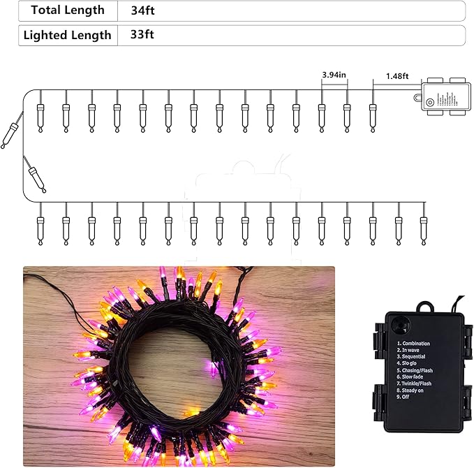 BrizLabs Orange Purple Halloween Lights, 33ft 100 LED Battery Halloween Lights, 8 Modes Orange Purple String Light with Timer, Indoor Outdoor Mini Battery Light for Outside Tree Bedroom Patio Decor