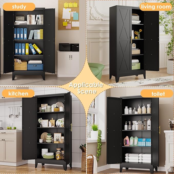 61" H Metal Kitchen Pantry Storage Cabinet, Freestanding Cupboard with 2 Doors and 3 Adjustable Shelves, Standing Storage for Kitchen, Bathroom, Garage, Dinning Room or Utility Room(Black)