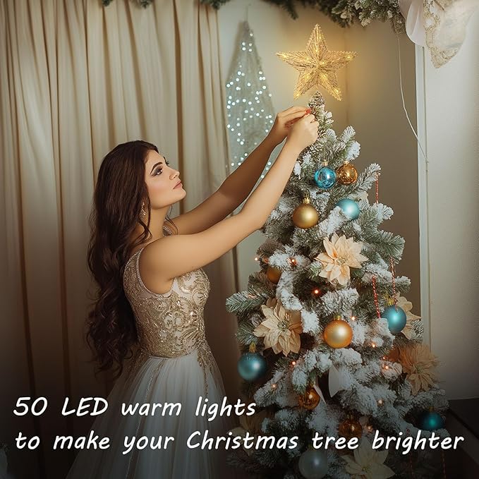Gold Christmas Tree Topper Star with 50 Warm LED Lights 8 Lighting Modes Timer, Tradition Glitter Star Tree Topper for Christmas Tree Decorations and Xmas Holiday Seasonal Decor
