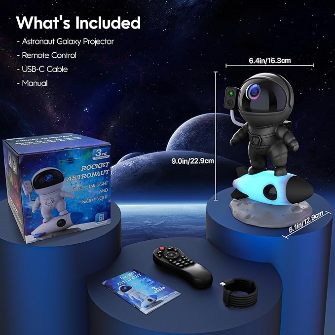 Astronaut Galaxy Projector, Star Projector Rocket Night Light for Kids Room, 360° Adjustable Magnetic Head, Bluetooth Speaker, Timer, White Noise with Remote APP Button Control Idea for Gift