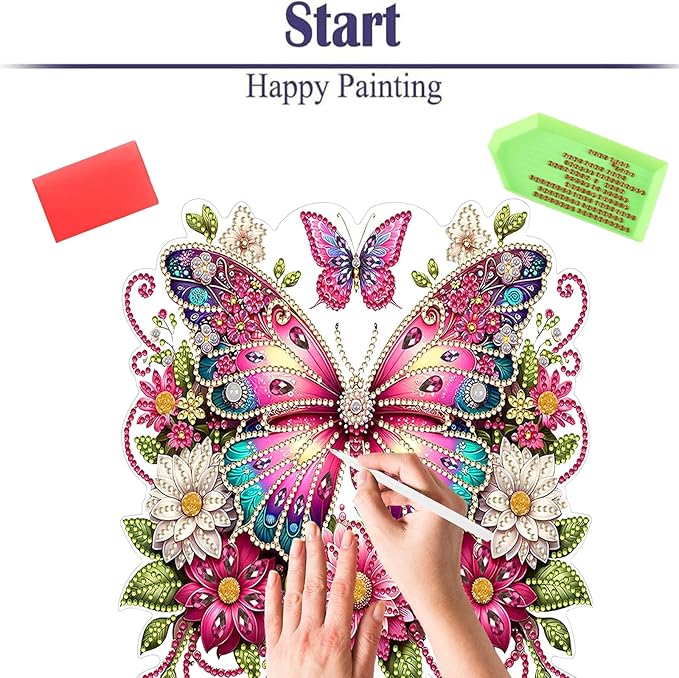 Diamond Painting Kits for Adults Beginners, 5D Full Drill Flowers and Butterfly Crystal Art Desktop Ornament, DIY Single Sided Home Office Desk Decor, Creative Craft Gift Set with Tools