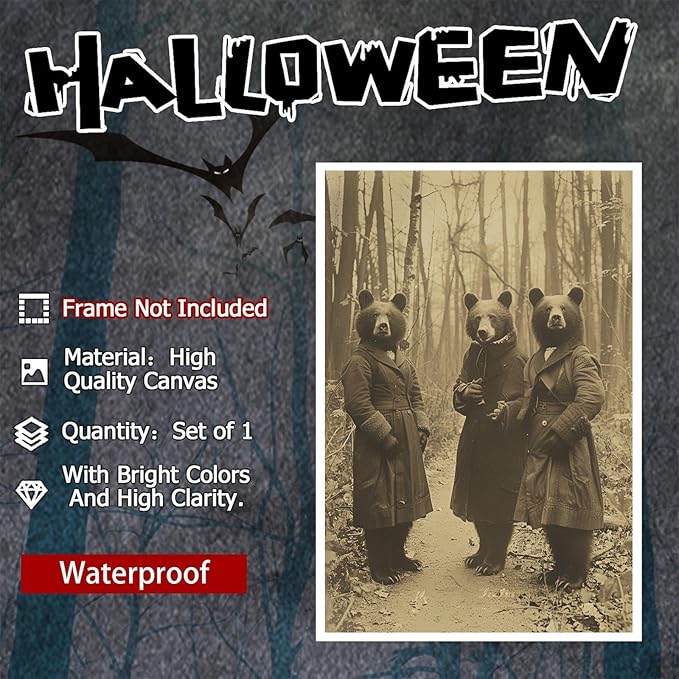 Vintage Horror Halloween Wall Decor Spooky The Three Bears In Occult Forest Spooky Canvas Wall Art Poster Gothic Dark Academia Decorations Room Creepy Print 16X24inch Unframed