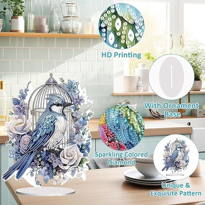 Diamond Painting Kits for Adults Beginners, 5D Full Drill Bird Crystal Art Desktop Ornament, DIY Single Sided Home Office Desk Decor, Creative Craft Gift Set with Tools