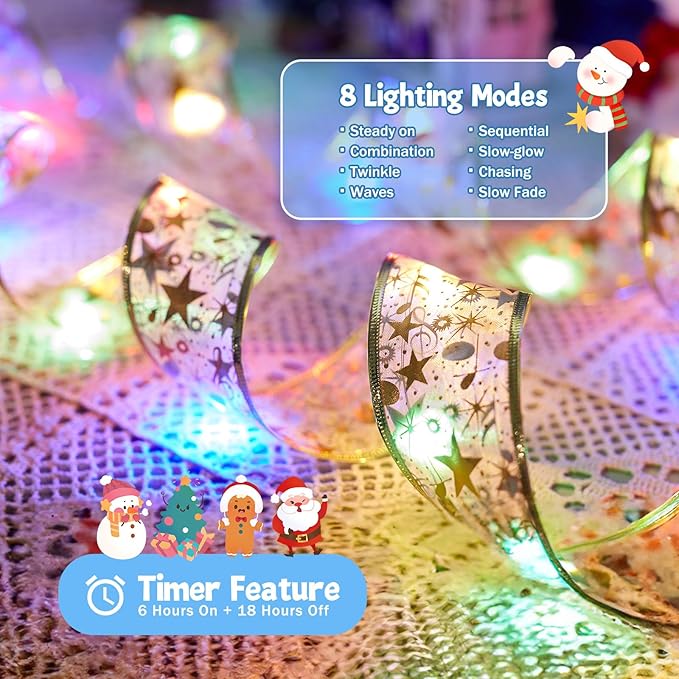 2 Pack Christmas Tree String Lights - 33ft 100 LED Battery Powered Fairy Lights with Timer and 8 Lighting Modes, Gold Ribbon Bows Lights for 6ft - 8ft Christmas Tree Decor, Multi-color