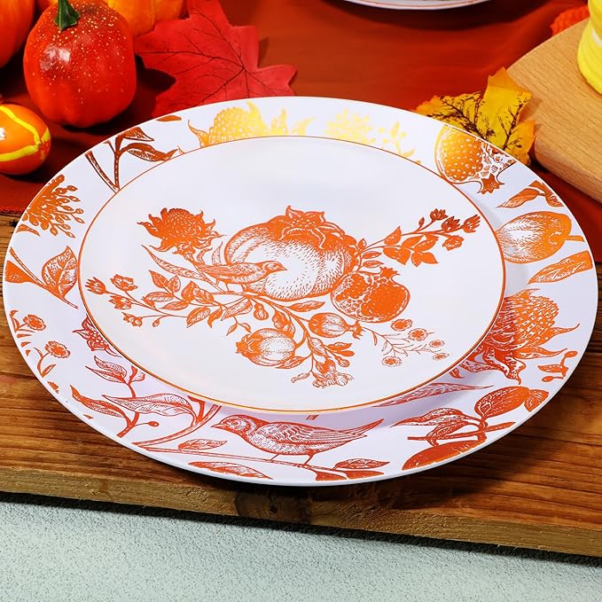 Fall Thanksgiving Disposable Plastic Plates Set for Guests Wildflower Pomegranate Chinoiserie Embossed Vintage Dessert Tableware for Autumn Wedding Party Dinnerware Supplies(50 Pcs)