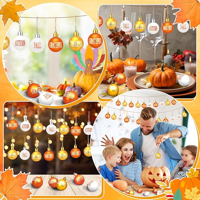 24Pcs Thanksgiving Day Hanging Ball Ornaments, Fall Tree Decorations Autumn Harvest Hanging Ornaments with Rope for Farmhouse Rustic Party Favors Craft Supplies