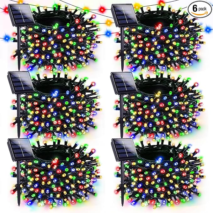 6 Pack Solar Christmas Lights Outdoor, 600 LED 198 FT Solar Powered String Lights Waterproof with Green Wire 8 Lighting Modes, Twinkle Light for Xmas Tree Party Yard Garden Decor, Multicolored