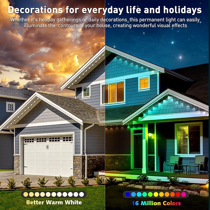 100ft Permanent Outdoor Lights,for House Roof, Christmas, Holiday, Party, Daily Lighting, IP67 Waterproof,RGB Eaves Lights with Multi Scene Modes for Halloween