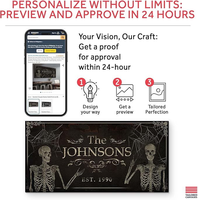 Tailored Canvases Gothic Family Wall Decor - Personalized Grunge Vintage Skeleton Room Decor for Home, Halloween Lovers, Men & Women for Bedroom, Living Room - Goth Spooky, Custom Couple Name, 20"x10"