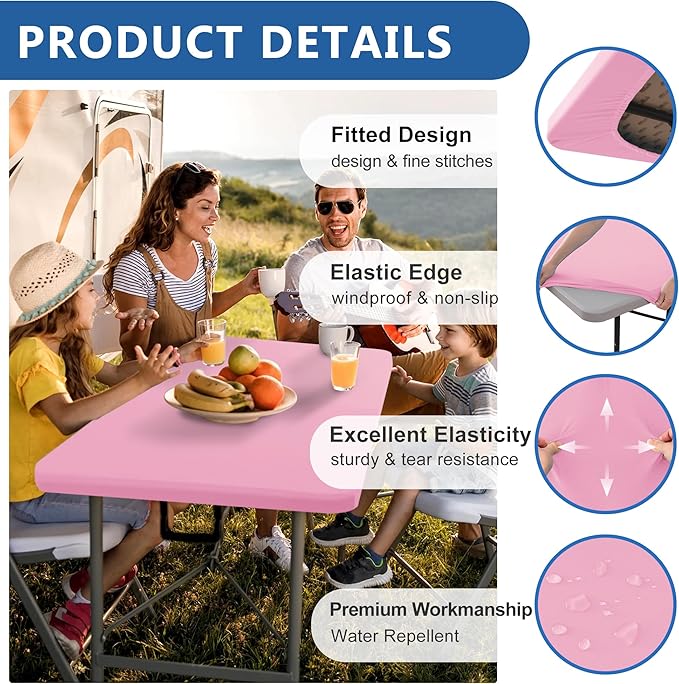 Fitted Tablecloth for 6 Foot Rectangle Tables-6 Pack Pink Elastic Outdoor Picnic Table Cover-Spandex Stretch Folding Table Cloths 6 ft for Camping Dining Room Patio Kitchen Banquet Party