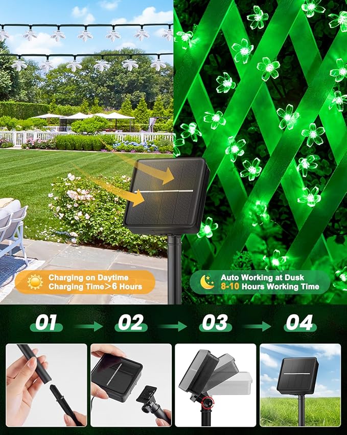 Brightown 2 Pack Total 52FT 120 LED Solar Flower String Lights for Outside Waterproof Fairy Lights for Garden Yard Fence Patio Christmas Tree Wedding Party Decor, Green