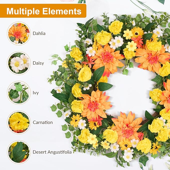 GENMOUS 24Inch Fall Wreaths for Front Door, Autumn Wreath with Dahlias and Daisy, Flower Wreath Home Decor for Autumn Thanksgiving Farmhouse Indoor Wall Window Garden Porch Fall Decor