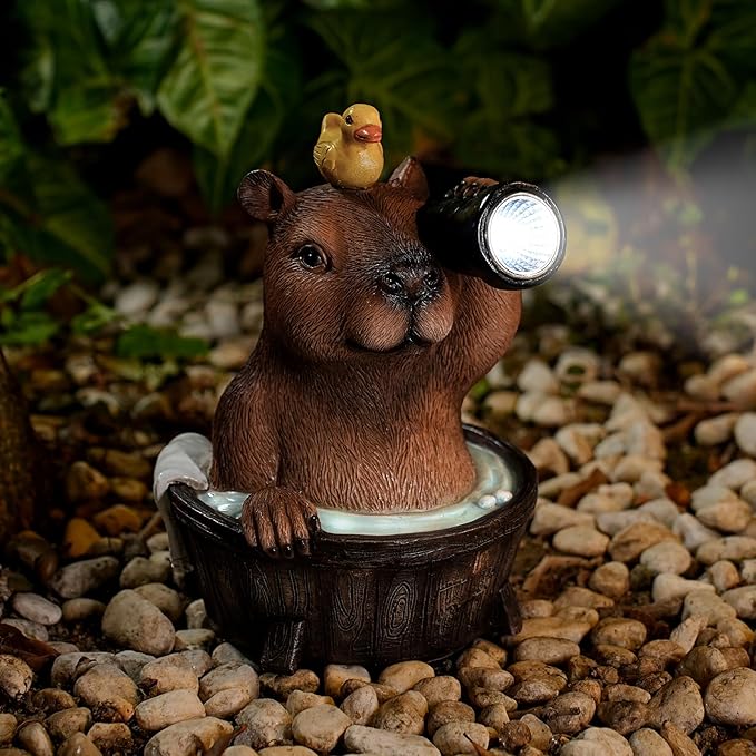 Capybara Solar Garden Statue โ Funny Outdoor Resin Animal Decor with Flashlight & Duck โ Waterproof Yard Lawn Ornament with LED Light โ Solar Powered Figurine for Patio, Porch, Landscape