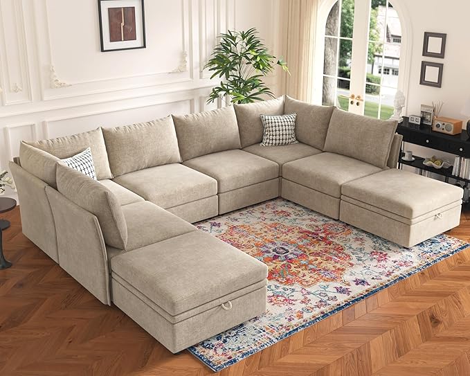 136.4" Oversized Modular Sectional Sleeper Sofa Bed, U Shaped Convertible Couch with Movable Ottoman, Large 8 Seat Corner Couches for Living Room Deep Seat Beige Chenille